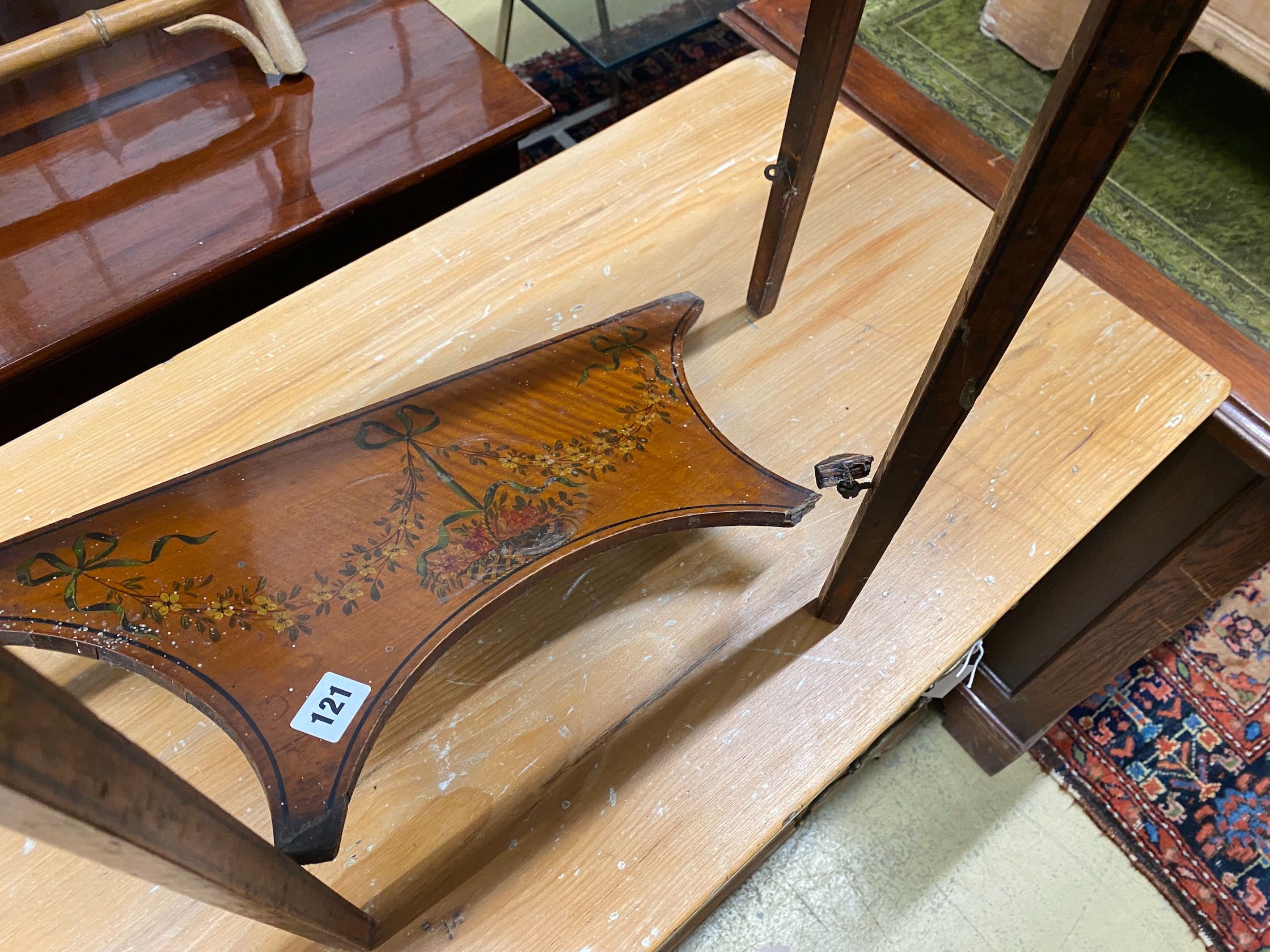 An Edwardian Sheraton Revival painted satinwood D shaped console table, width 61cm, depth 30cm, height 76cm